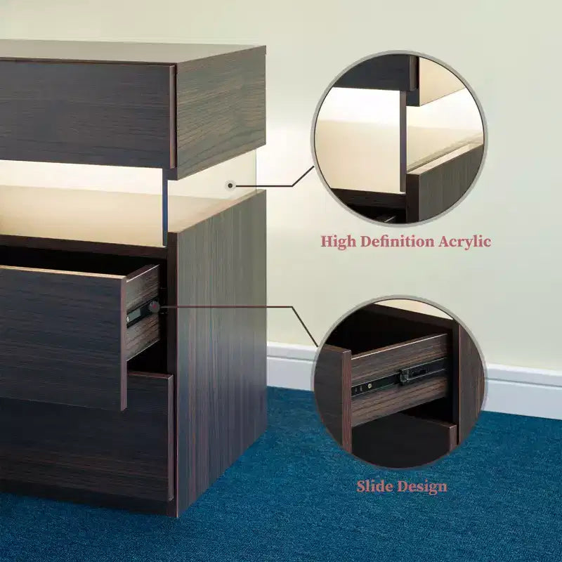 TUYOHW Comodino Moderno a LED con Pannello Acrilico e 3 Cassetti, Tavolini da Notte per Dormitorio, Soggiorno, Camera da Letto