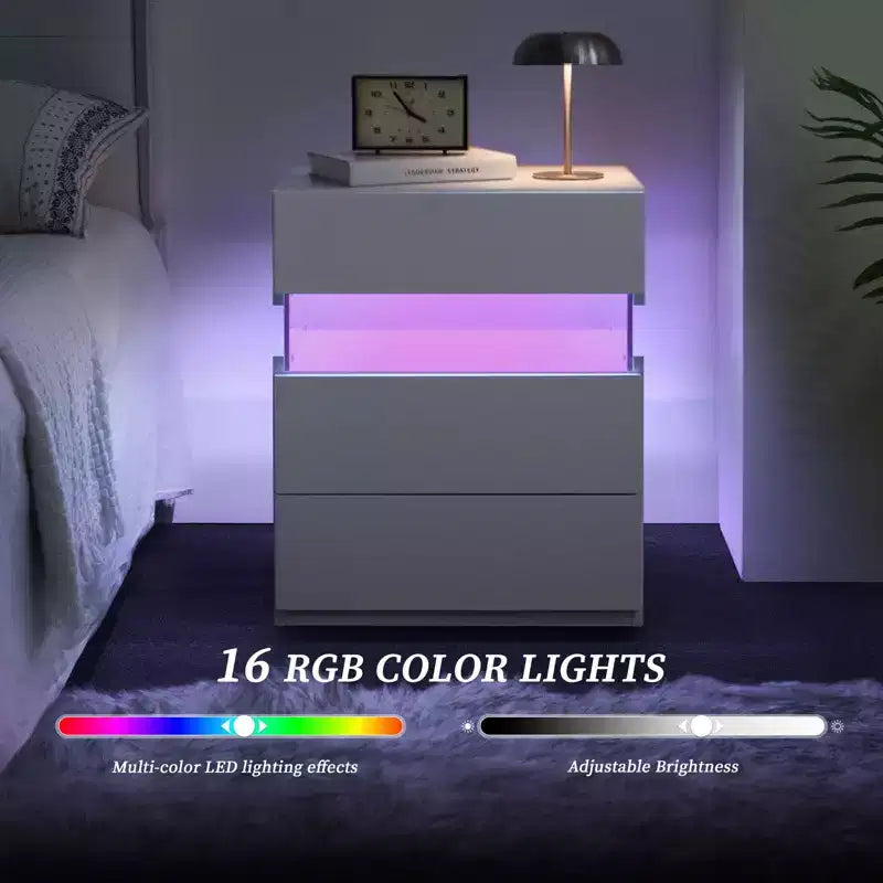 TUYOHW Comodino Moderno a LED con Pannello Acrilico e 3 Cassetti, Tavolini da Notte per Dormitorio, Soggiorno, Camera da Letto