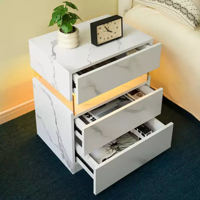 TUYOHW Comodino Moderno a LED con Pannello Acrilico e 3 Cassetti, Tavolini da Notte per Dormitorio, Soggiorno, Camera da Letto