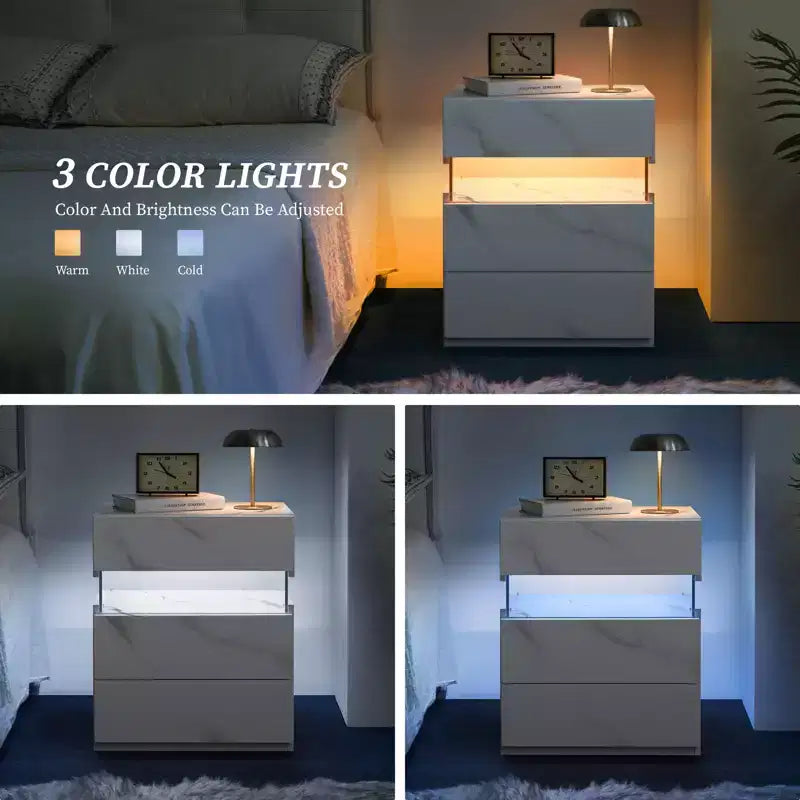 TUYOHW Comodino Moderno a LED con Pannello Acrilico e 3 Cassetti, Tavolini da Notte per Dormitorio, Soggiorno, Camera da Letto