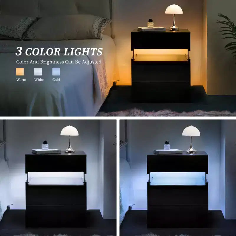 TUYOHW Comodino Moderno a LED con Pannello Acrilico e 3 Cassetti, Tavolini da Notte per Dormitorio, Soggiorno, Camera da Letto