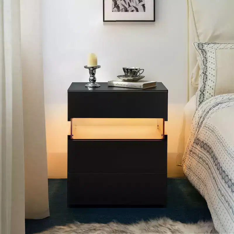 TUYOHW Comodino Moderno a LED con Pannello Acrilico e 3 Cassetti, Tavolini da Notte per Dormitorio, Soggiorno, Camera da Letto