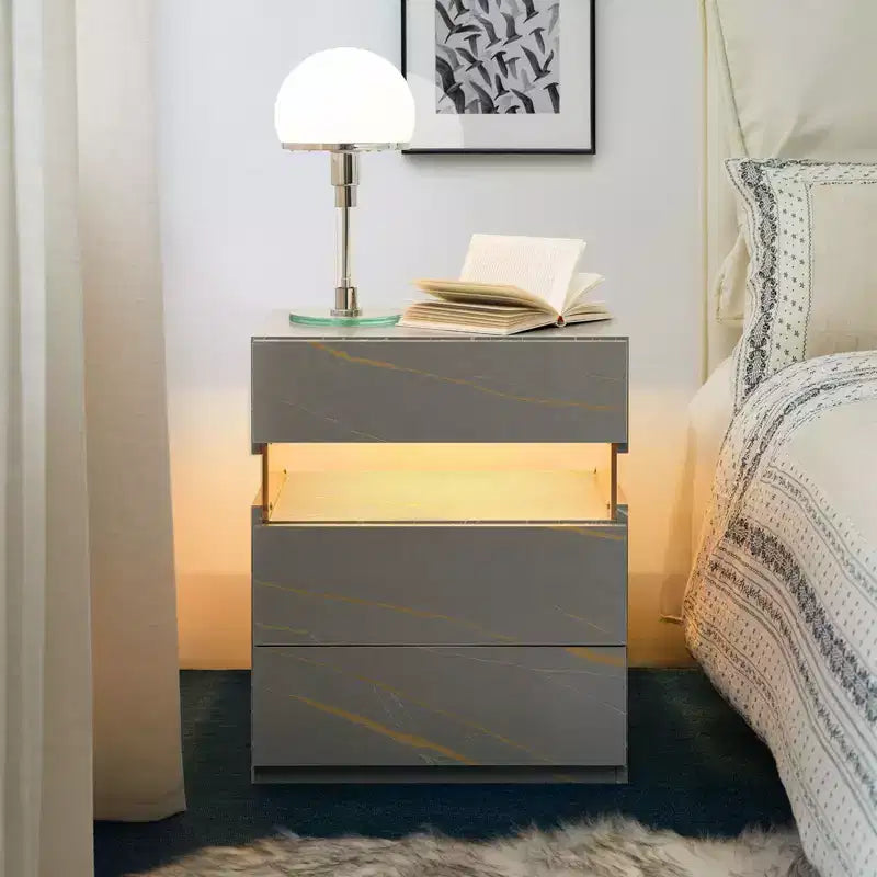 TUYOHW Comodino Moderno a LED con Pannello Acrilico e 3 Cassetti, Tavolini da Notte per Dormitorio, Soggiorno, Camera da Letto