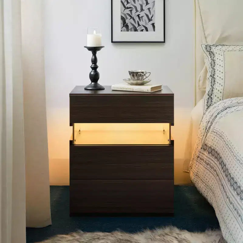 TUYOHW Comodino Moderno a LED con Pannello Acrilico e 3 Cassetti, Tavolini da Notte per Dormitorio, Soggiorno, Camera da Letto