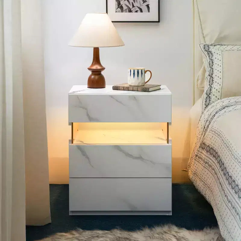 TUYOHW Comodino Moderno a LED con Pannello Acrilico e 3 Cassetti, Tavolini da Notte per Dormitorio, Soggiorno, Camera da Letto