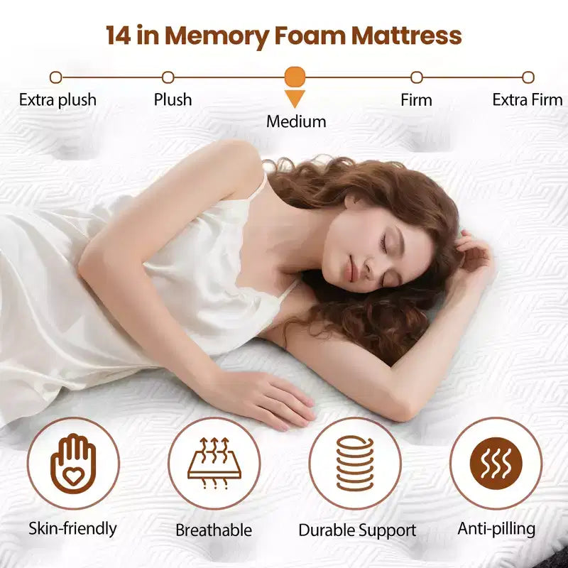Materasso Queen in memory foam, 14 pollici con gel in scatola, sollievo dalla pressione zonale, schiume e tessuto certificati sicuri, design rinfrescante e traspirante, medio-rigido