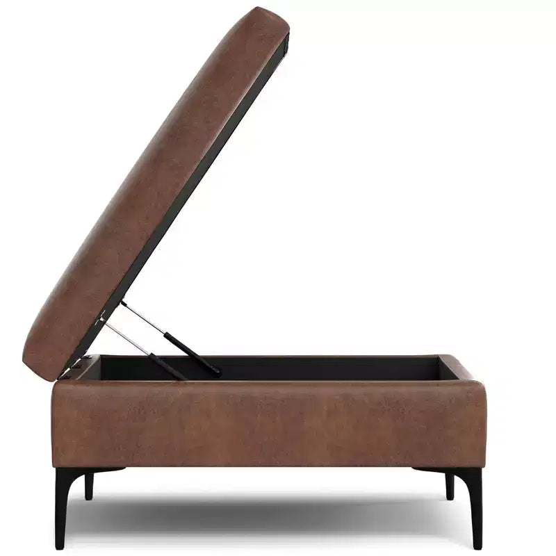 Lilah Ottoman Contenitore Tavolino Quadrato Contemporaneo Mid Century, Larghezza 91 cm, con Coperchio Sollevabile, in Ecopelle Vegana Marrone Scuro Invecchiato
