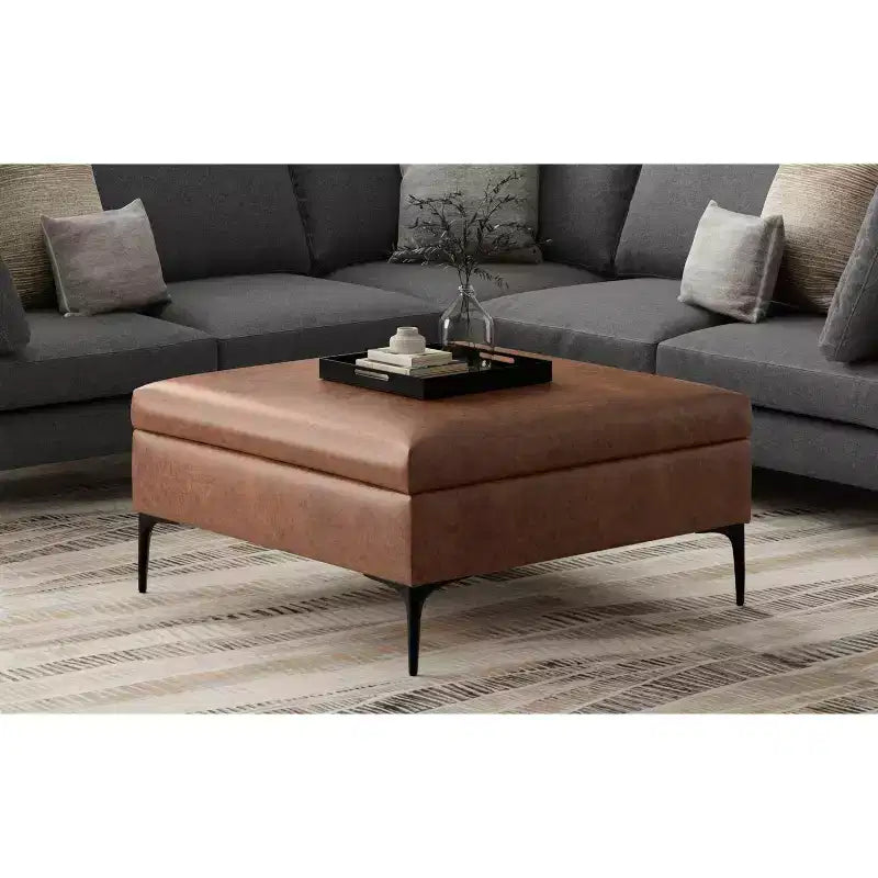 Lilah Ottoman Contenitore Tavolino Quadrato Contemporaneo Mid Century, Larghezza 91 cm, con Coperchio Sollevabile, in Ecopelle Vegana Marrone Scuro Invecchiato