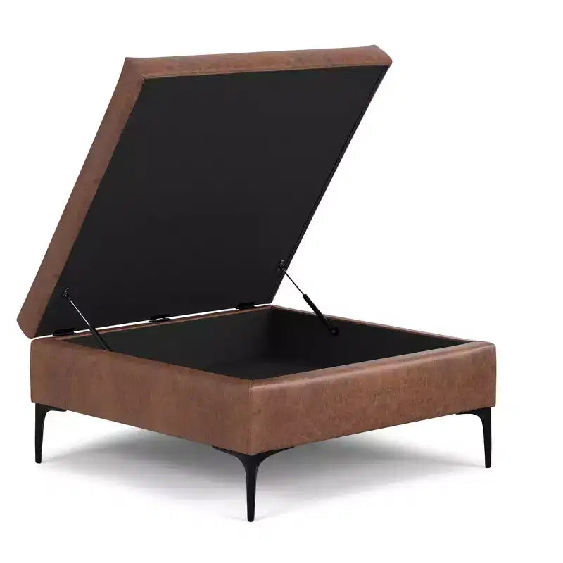Lilah Ottoman Contenitore Tavolino Quadrato Contemporaneo Mid Century, Larghezza 91 cm, con Coperchio Sollevabile, in Ecopelle Vegana Marrone Scuro Invecchiato
