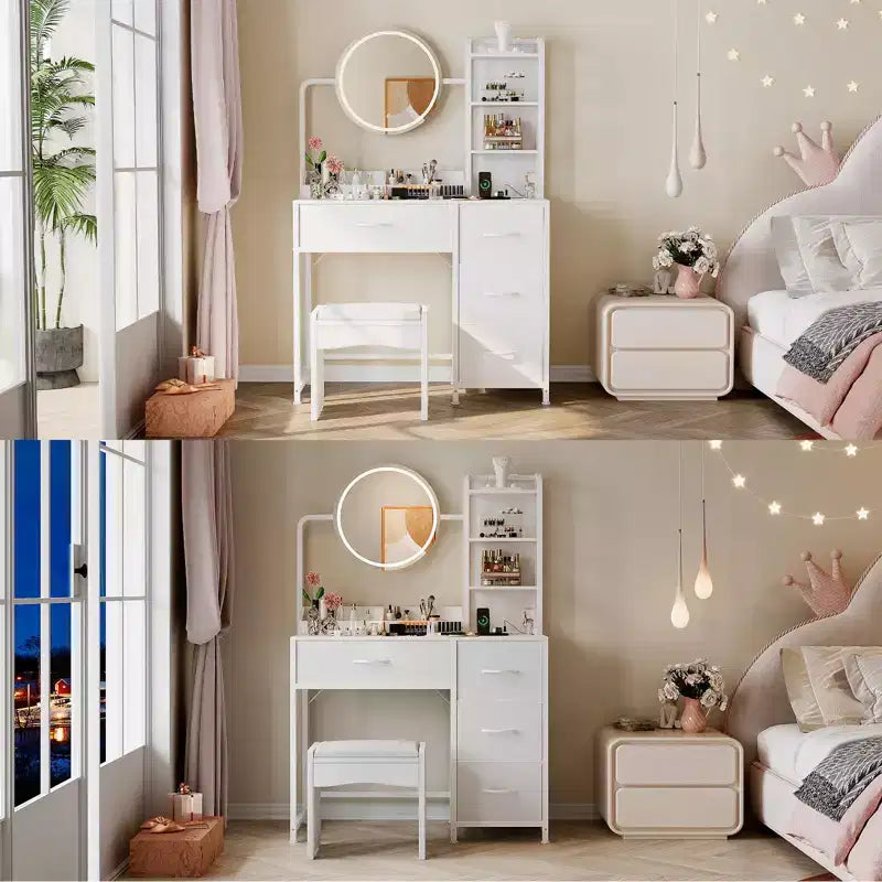 Acekool Piccola Toeletta con Specchio Rotondo Illuminato, Presa di Corrente, 4 Cassetti in Tessuto, 3 Ripiani, Tavolo da Trucco Moderno per Camera da Letto, Dormitorio, Appartamento