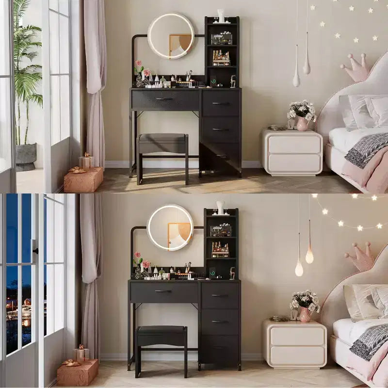 Acekool Piccola Toeletta con Specchio Rotondo Illuminato, Presa di Corrente, 4 Cassetti in Tessuto, 3 Ripiani, Tavolo da Trucco Moderno per Camera da Letto, Dormitorio, Appartamento