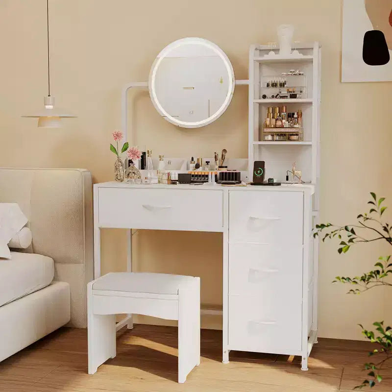 Acekool Piccola Toeletta con Specchio Rotondo Illuminato, Presa di Corrente, 4 Cassetti in Tessuto, 3 Ripiani, Tavolo da Trucco Moderno per Camera da Letto, Dormitorio, Appartamento