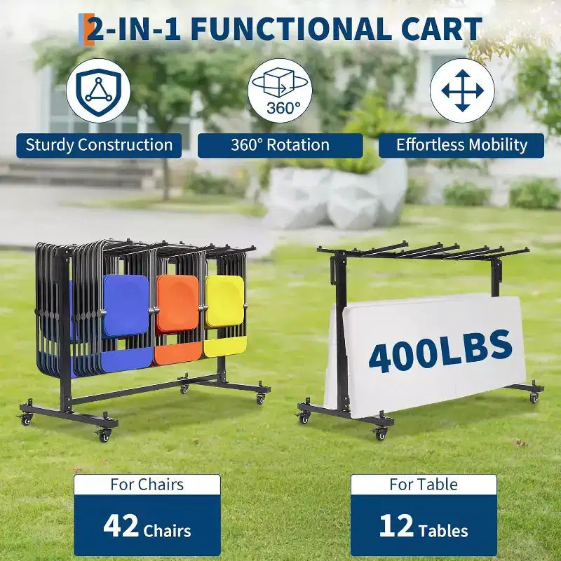 Acekool Carrello porta sedie e tavoli pieghevoli a livello singolo per 42/84 sedie o 12 tavoli, con ruote in gomma e copertura antipolvere