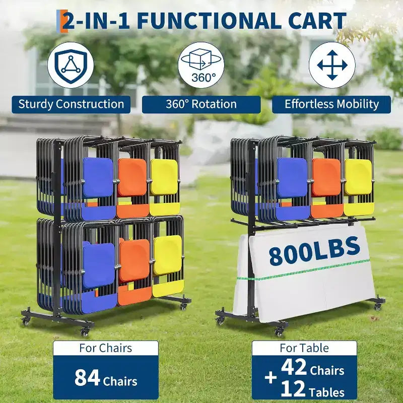 Acekool Carrello porta sedie e tavoli pieghevoli a livello singolo per 42/84 sedie o 12 tavoli, con ruote in gomma e copertura antipolvere
