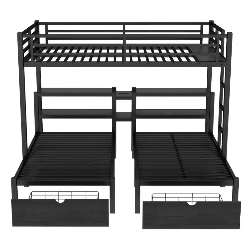 Bellemave Letto a castello triplo in metallo con cassetti, ripiani e USB, letto a castello salvaspazio multifunzionale per famiglie, nero