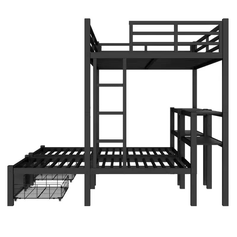 Bellemave Letto a castello triplo in metallo con cassetti, ripiani e USB, letto a castello salvaspazio multifunzionale per famiglie, nero