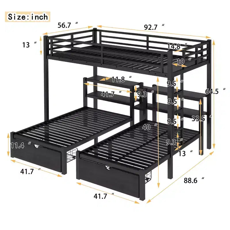 Bellemave Letto a castello triplo in metallo con cassetti, ripiani e USB, letto a castello salvaspazio multifunzionale per famiglie, nero
