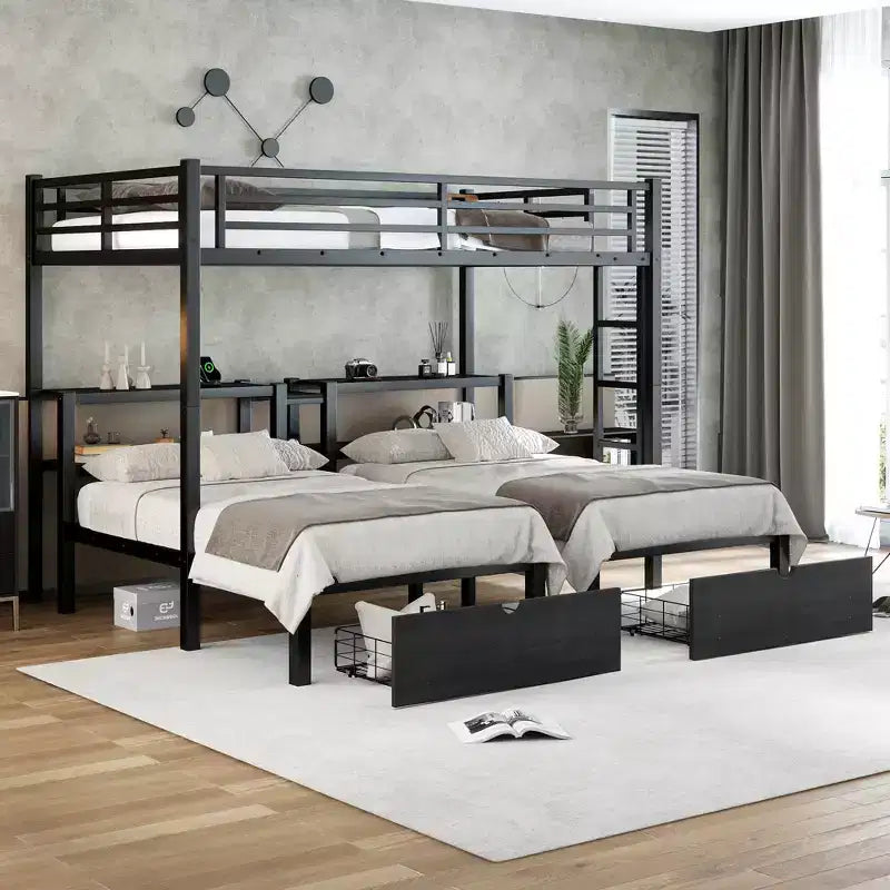 Bellemave Letto a castello triplo in metallo con cassetti, ripiani e USB, letto a castello salvaspazio multifunzionale per famiglie, nero