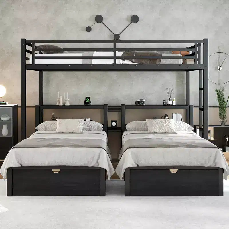 Bellemave Letto a castello triplo in metallo con cassetti, ripiani e USB, letto a castello salvaspazio multifunzionale per famiglie, nero