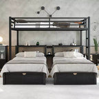 Bellemave Letto a castello triplo in metallo con cassetti, ripiani e USB, letto a castello salvaspazio multifunzionale per famiglie, nero