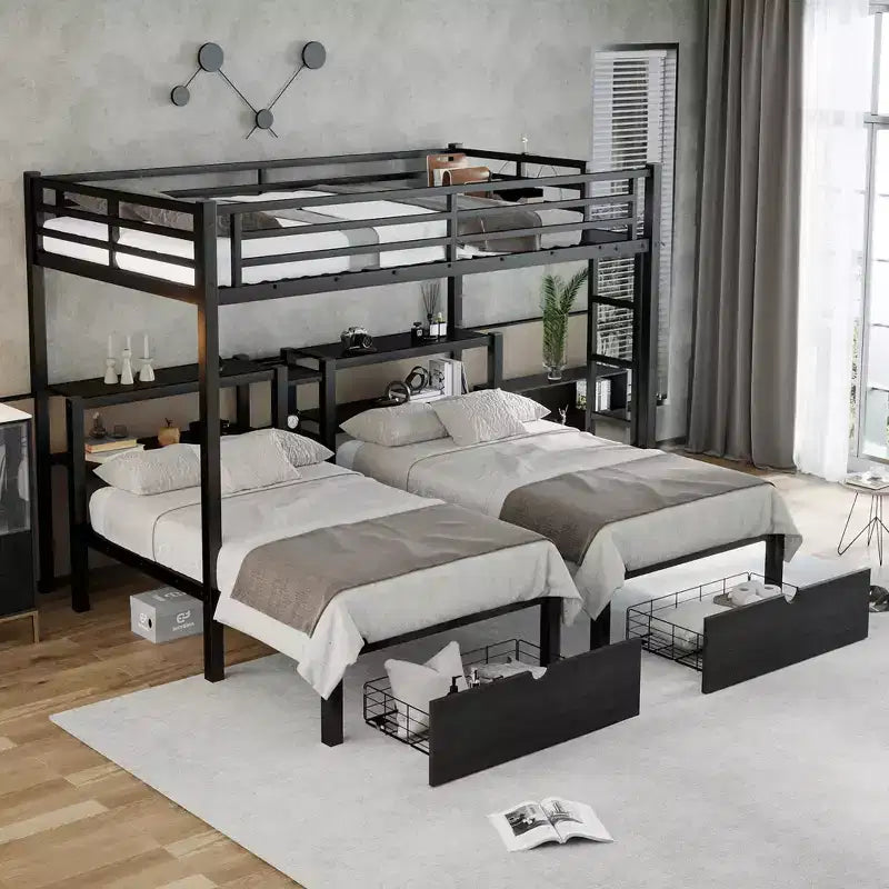 Bellemave Letto a castello triplo in metallo con cassetti, ripiani e USB, letto a castello salvaspazio multifunzionale per famiglie, nero