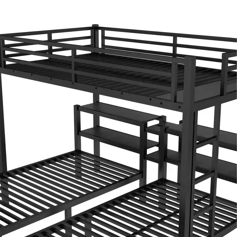 Bellemave Letto a castello triplo in metallo con cassetti, ripiani e USB, letto a castello salvaspazio multifunzionale per famiglie, nero