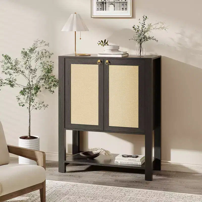 Scarpiera in Rattan, Mobile Portascarpe in Legno da 101 cm in Stile Rustico con Ripiani Regolabili e Ripiano Aperto per Ingresso, Rovere Grigio