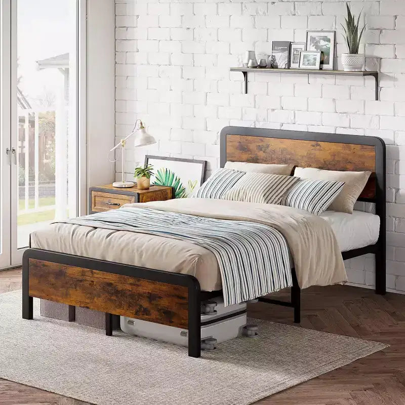 COZONY Metal Platform Bed Frame w/ Solid Wood Headboard & Footboard, Noise-Free Slat Support