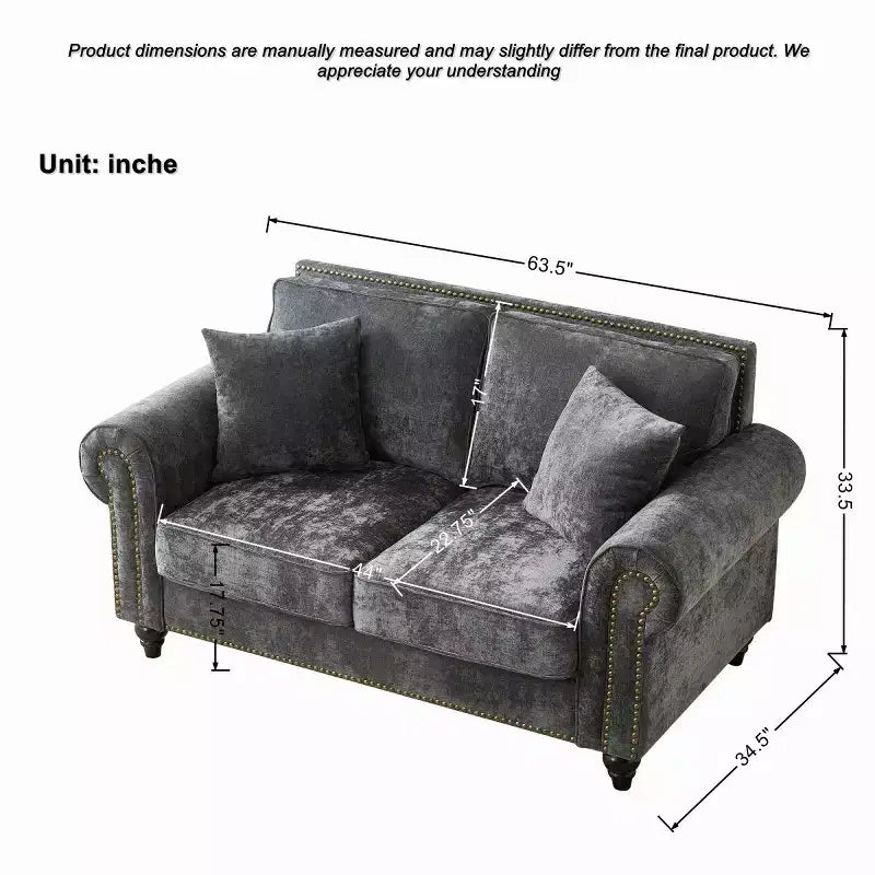 Divano Chesterfield classico a 2 posti (63 pollici) con braccioli arrotolati, seduta profonda e gambe in legno, per soggiorno o appartamento di piccole dimensioni-Panipeachy