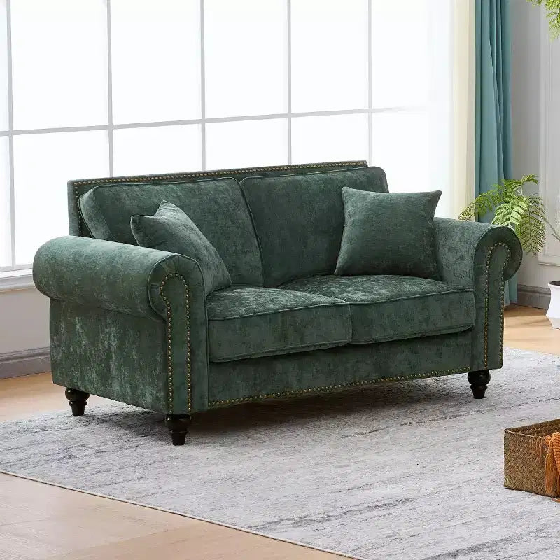 Divano Chesterfield classico a 2 posti (63 pollici) con braccioli arrotolati, seduta profonda e gambe in legno, per soggiorno o appartamento di piccole dimensioni-Panipeachy