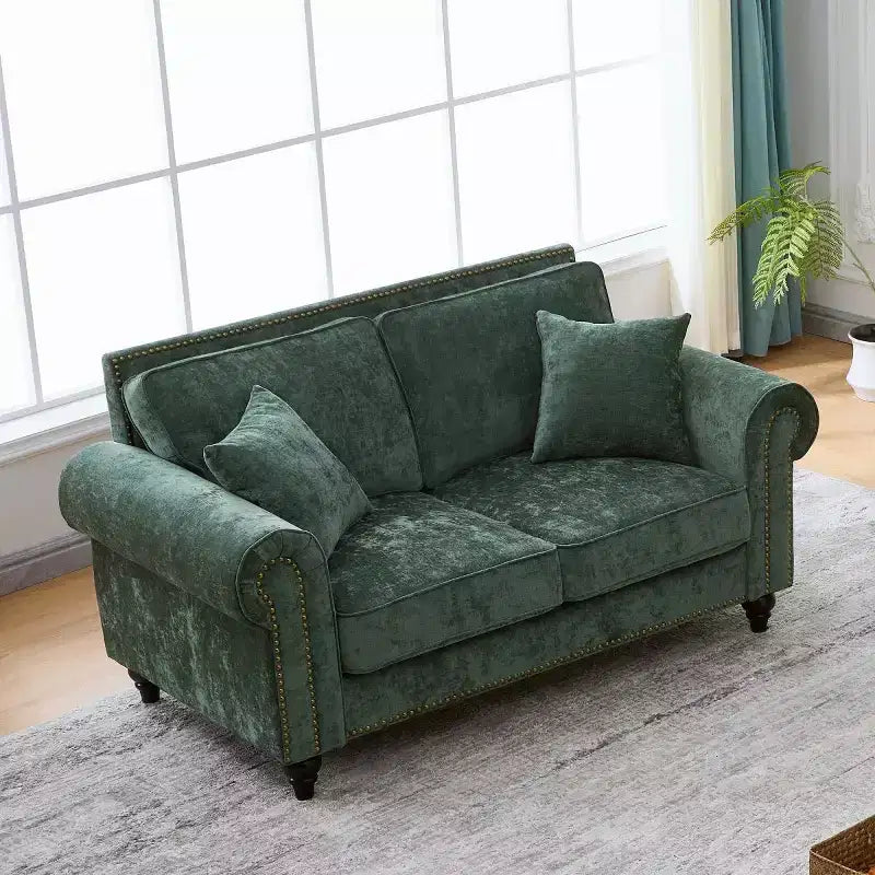 Divano Chesterfield classico a 2 posti (63 pollici) con braccioli arrotolati, seduta profonda e gambe in legno, per soggiorno o appartamento di piccole dimensioni-Panipeachy
