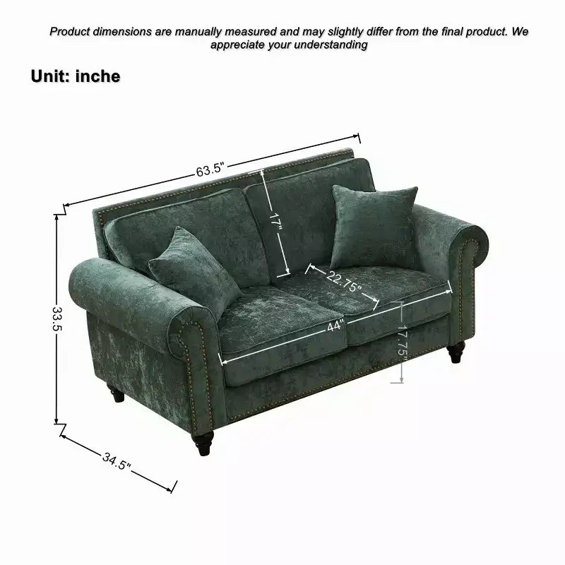 Divano Chesterfield classico a 2 posti (63 pollici) con braccioli arrotolati, seduta profonda e gambe in legno, per soggiorno o appartamento di piccole dimensioni-Panipeachy