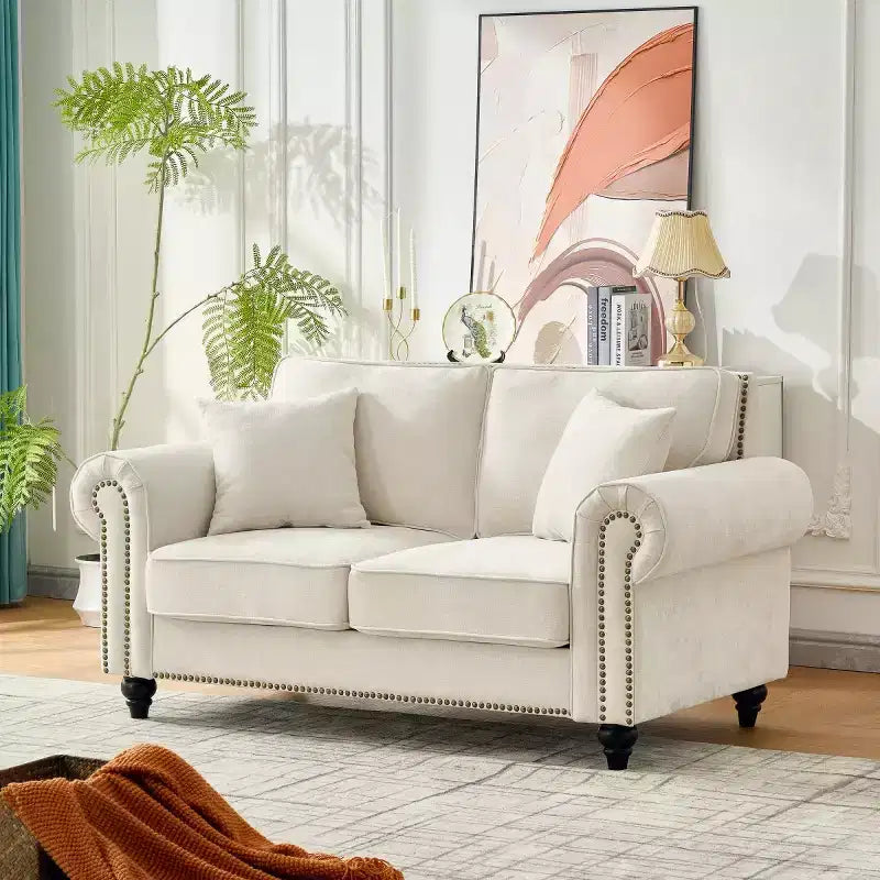 Divano Chesterfield classico a 2 posti (63 pollici) con braccioli arrotolati, seduta profonda e gambe in legno, per soggiorno o appartamento di piccole dimensioni-Panipeachy