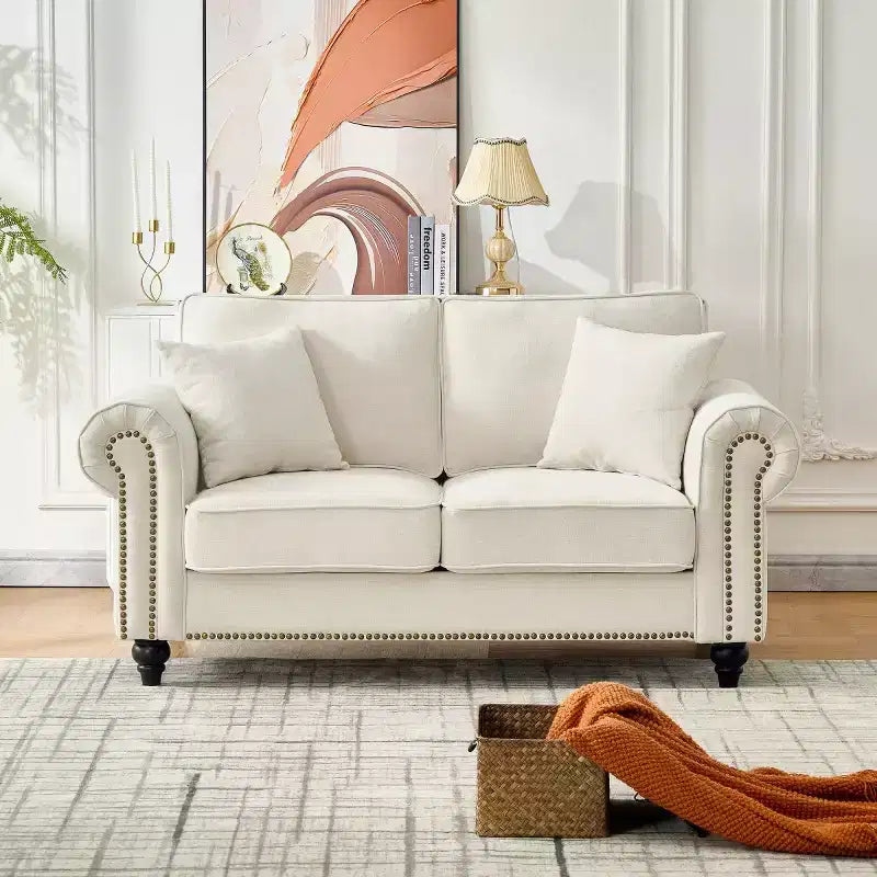 63 Classic Chesterfield Sofa with Rolled Arms, Deep Seat 2-Seater Couch with Wood Legs for Small Living Room or Apartment-Panipeachy