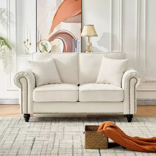 63 Classic Chesterfield Sofa with Rolled Arms, Deep Seat 2-Seater Couch with Wood Legs for Small Living Room or Apartment-Panipeachy