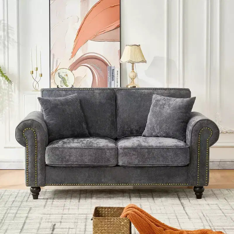 Divano Chesterfield classico a 2 posti (63 pollici) con braccioli arrotolati, seduta profonda e gambe in legno, per soggiorno o appartamento di piccole dimensioni-Panipeachy