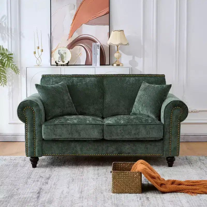 Divano Chesterfield classico a 2 posti (63 pollici) con braccioli arrotolati, seduta profonda e gambe in legno, per soggiorno o appartamento di piccole dimensioni-Panipeachy