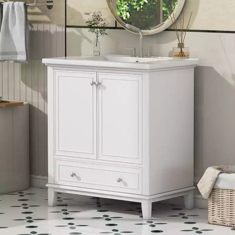 Mobiletto da bagno da 76 cm con lavello e contenitore, mobiletto da bagno in legno con cassetti e ante