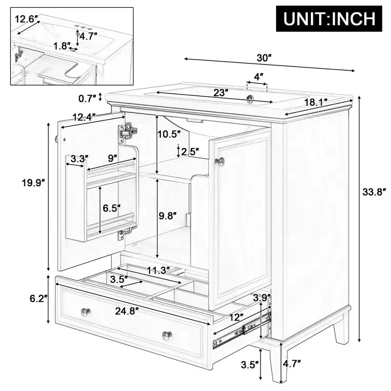 Mobiletto da bagno da 76 cm con lavello e contenitore, mobiletto da bagno in legno con cassetti e ante