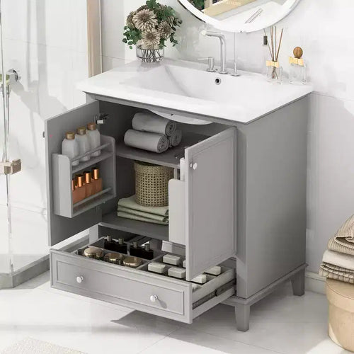 30 Bathroom Vanity Sink Combo with Storage , Wood Bathroom Floor Cabinet with Drawers and Doors