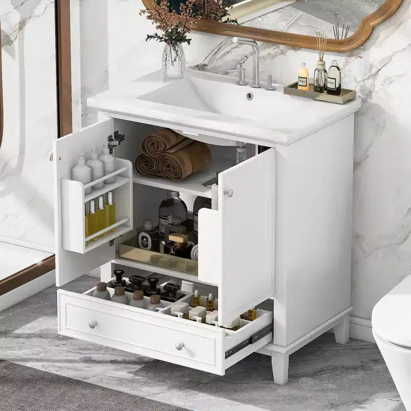 Mobiletto da bagno da 76 cm con lavello e contenitore, mobiletto da bagno in legno con cassetti e ante
