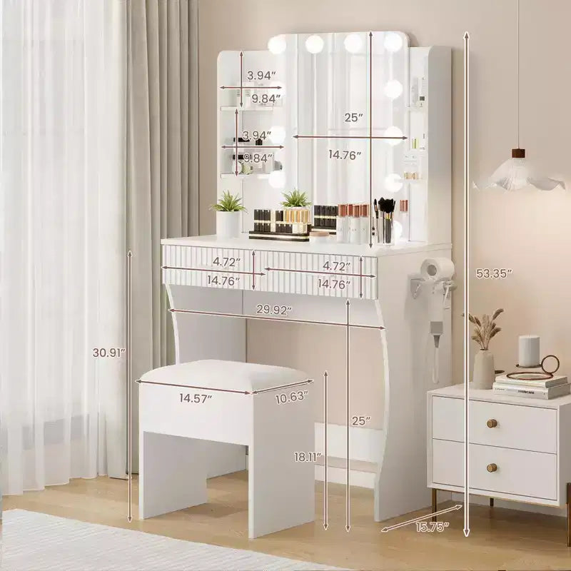 Toeletta con Specchio e Luci, Tavolo da Trucco con 2 Cassetti, 6 Ripiani, Supporto per Asciugacapelli e Sgabello, Mobili per Camera da Letto