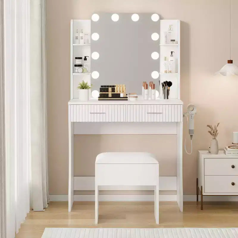 Toeletta con Specchio e Luci, Tavolo da Trucco con 2 Cassetti, 6 Ripiani, Supporto per Asciugacapelli e Sgabello, Mobili per Camera da Letto