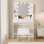 Toeletta con Specchio e Luci, Tavolo da Trucco con 2 Cassetti, 6 Ripiani, Supporto per Asciugacapelli e Sgabello, Mobili per Camera da Letto