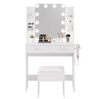 Toeletta con Specchio e Luci, Tavolo da Trucco con 2 Cassetti, 6 Ripiani, Supporto per Asciugacapelli e Sgabello, Mobili per Camera da Letto