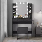 Toeletta con Specchio e Luci, Tavolo da Trucco con 2 Cassetti, 6 Ripiani, Supporto per Asciugacapelli e Sgabello, Mobili per Camera da Letto