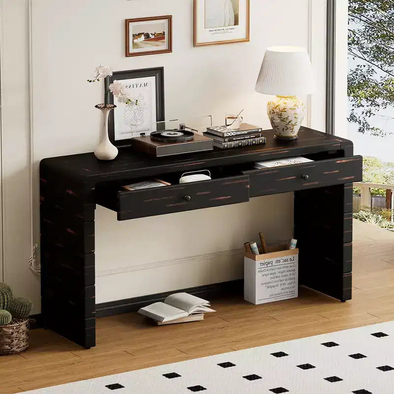 Consolle ricurva con spazio contenitivo, tavolo da ingresso in legno con 2 cassetti, consolle in stile rustico, adatta per ingressi