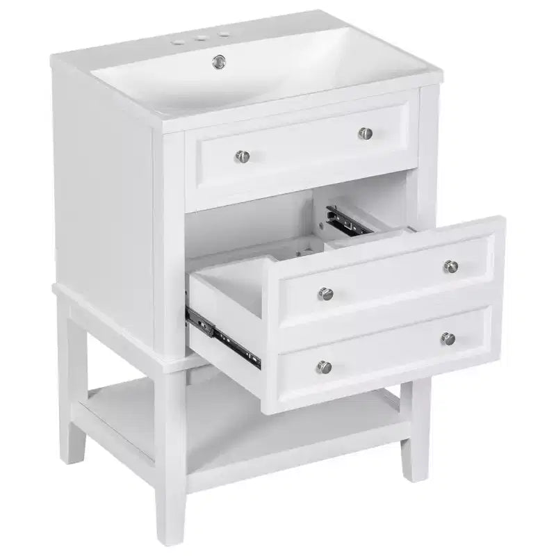 Mobiletto da bagno salvaspazio 24 pollici con lavabo, mobiletto da bagno in legno con cassetti e ripiano aperto, bianco
