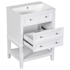 Mobiletto da bagno salvaspazio 24 pollici con lavabo, mobiletto da bagno in legno con cassetti e ripiano aperto, bianco