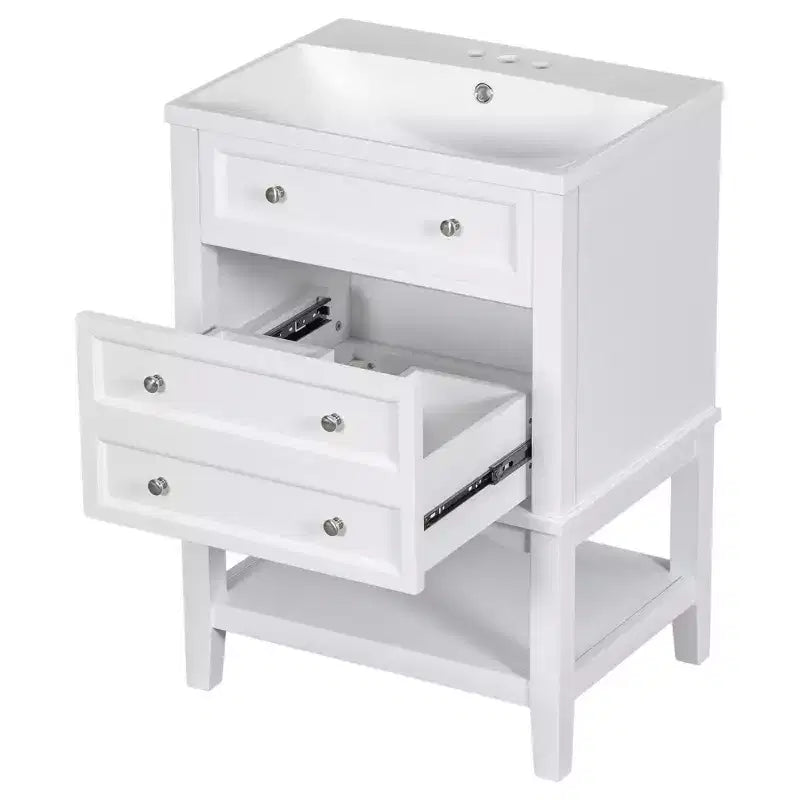 Mobiletto da bagno salvaspazio 24 pollici con lavabo, mobiletto da bagno in legno con cassetti e ripiano aperto, bianco